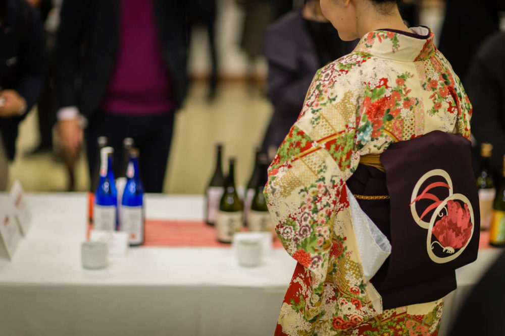 jos16tk263 Back view of a lady in kimono with black on coral butterfly obi (2016 Tokyo)